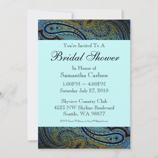 Invitación Ducha de novias verde azulada Blue Paisley Peacock (Anverso)