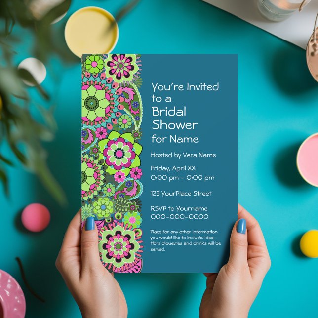 Invitación Ducha de novias: verde azulado verde rosado patrón (Funky Floral Bridal Shower Invitation - Retro Flowers and Deep Colors)