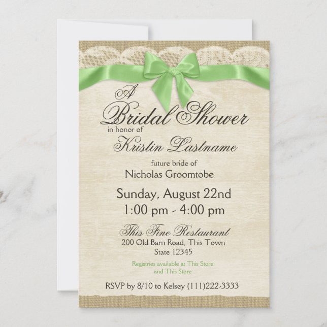 Invitación Ducha de novias verde de primavera y de encaje (Anverso)