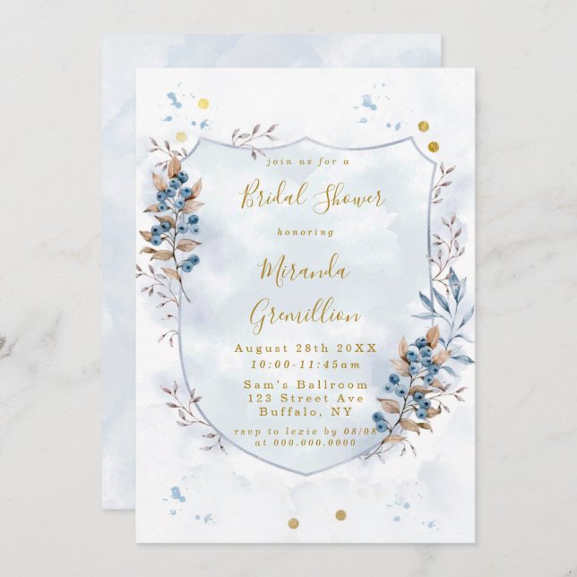 Invitación Ducha de novios Blue and Gold Blueberries (Anverso / Reverso)