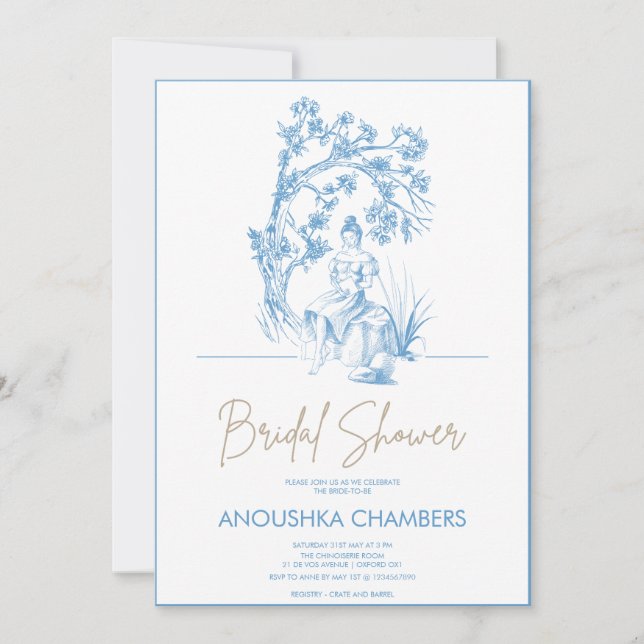 Invitación Ducha de novios Blue and White Toile de Jouy (Anverso)