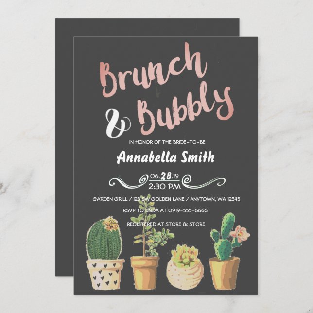 Invitación Ducha de novios Brunch & Bubbly Floral Chalkboard (Anverso / Reverso)