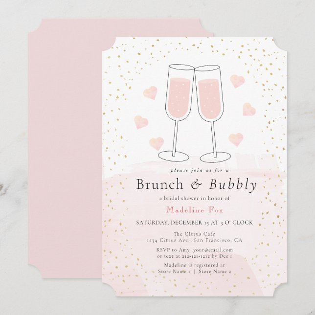 Invitación Ducha de novios Brunéi y Bubbly Pink Gold Champagn (Anverso / Reverso)