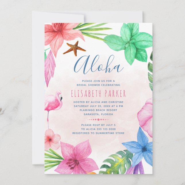 Invitación Ducha de novios con aloha floral rosa tropical (Anverso)