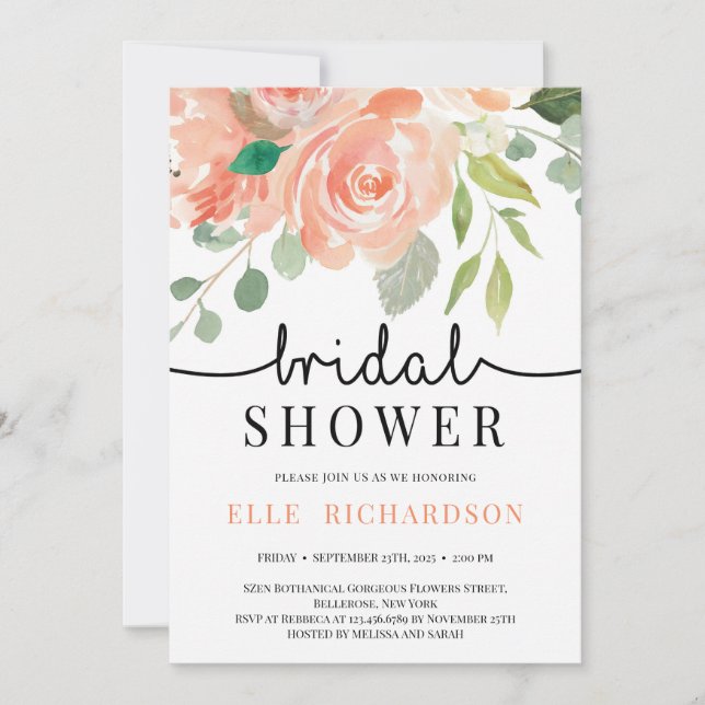 Invitación Ducha de novios con durazno floral escrita a mano (Anverso)