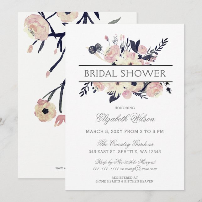 Invitación Ducha de novios de primavera con flores rosadas de (Anverso / Reverso)