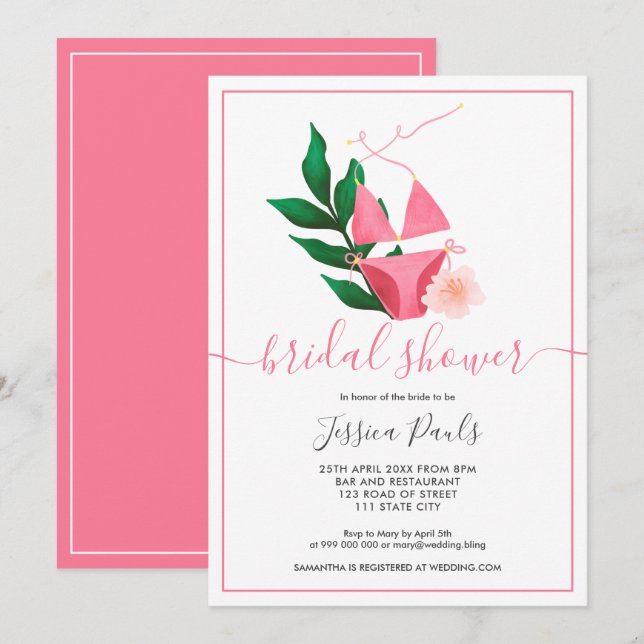 Invitación Ducha de novios floral de bikini rosa tropical (Anverso / Reverso)