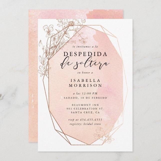 Invitación Ducha de novios Rubor Gold Geométrico Floral Españ (Anverso / Reverso)