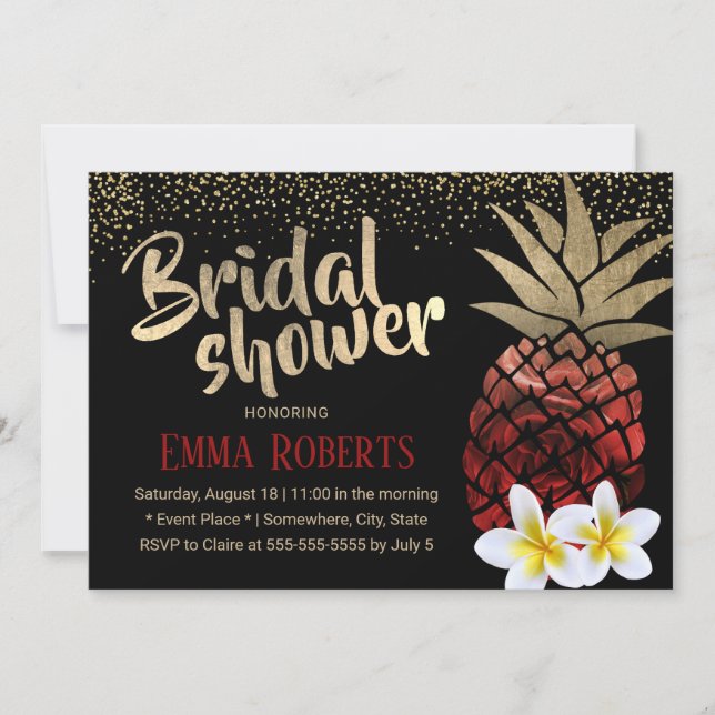 Invitación Ducha de novios Tropical Red & Gold Pineapple Beac (Anverso)
