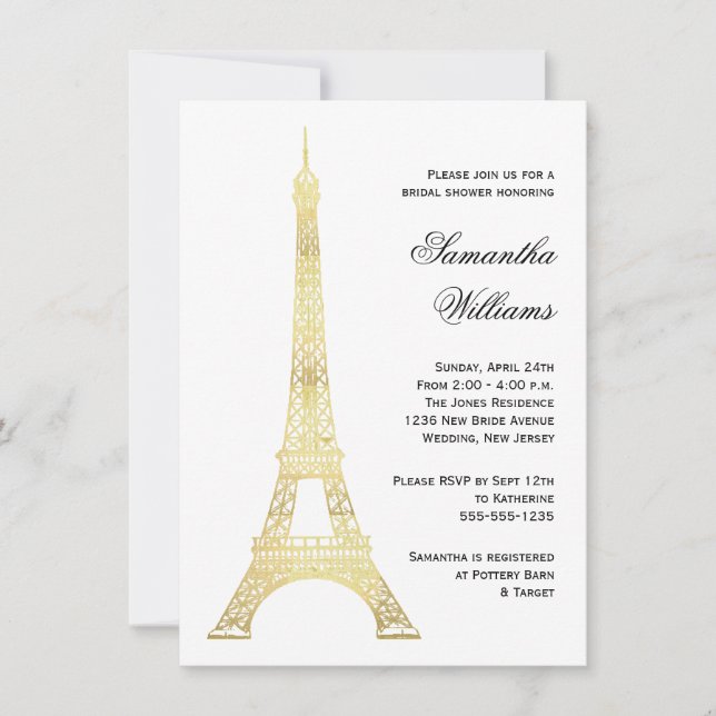 Invitación Ducha de oro de la Torre Eiffel de París (Anverso)