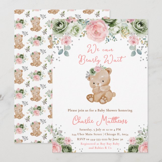 Invitación Ducha de osito con flores verdes y rosadas para be (Anverso / Reverso)