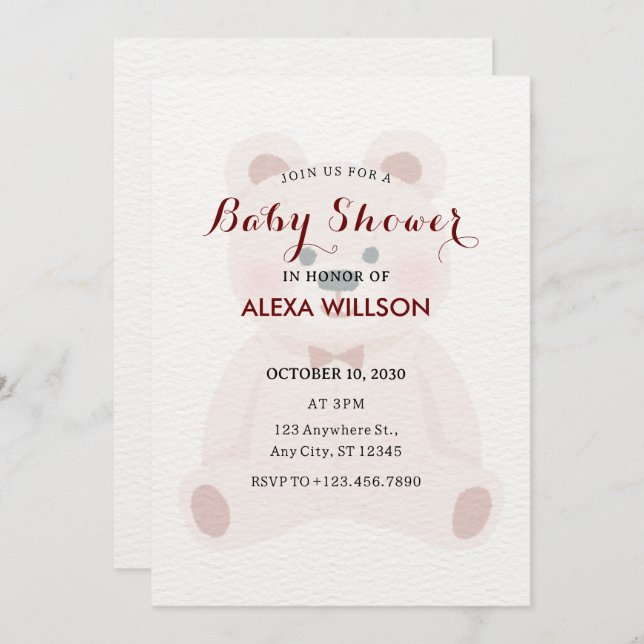 Invitación Ducha de oso de peluche minimalista lindo (Anverso / Reverso)
