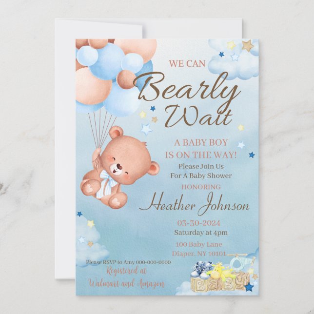 Invitación Ducha de oso para bebé niño (Anverso)
