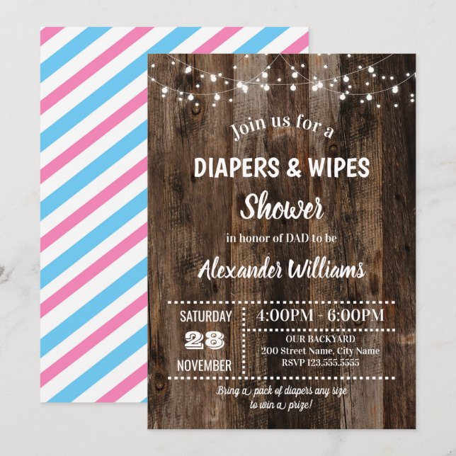 Invitación Ducha de pañales para bebés rústicos (Anverso / Reverso)