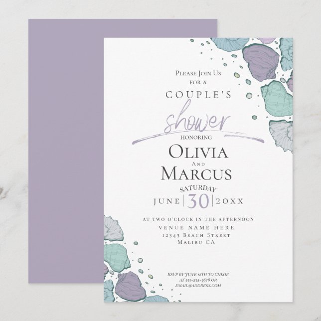 Invitación Ducha de pareja | Beach Seashells Lilac Dusty Blue (Anverso / Reverso)
