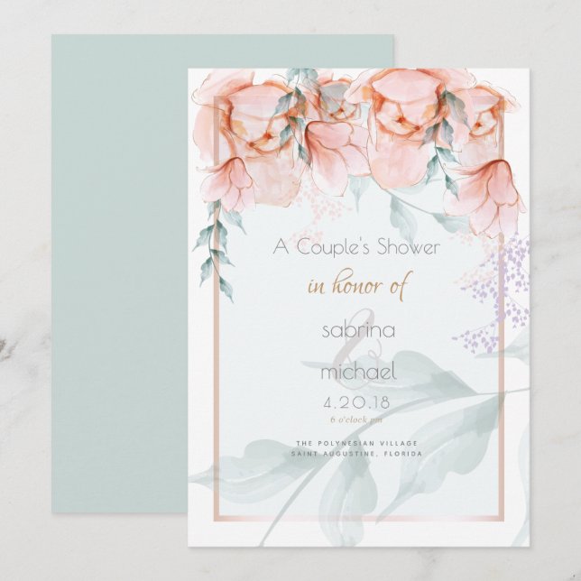 Invitación Ducha de pareja | Coral Aquarelle Peonies de moda (Anverso / Reverso)