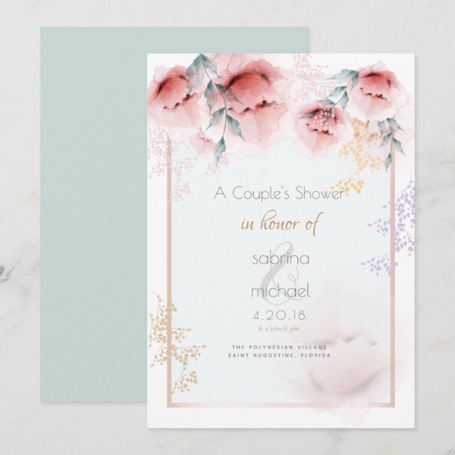Invitación Ducha de pareja | Coral Aquarelle Peonies de moda (Anverso / Reverso)