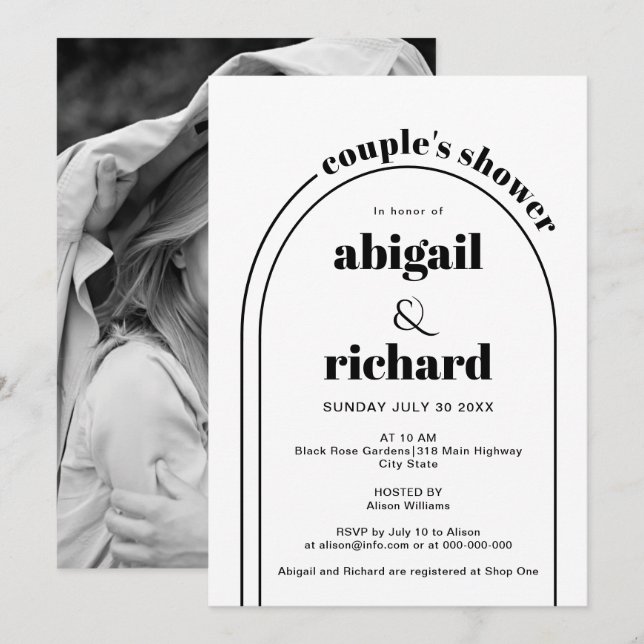 Invitación Ducha de pareja de bodas de arco blanco y negro (Anverso / Reverso)