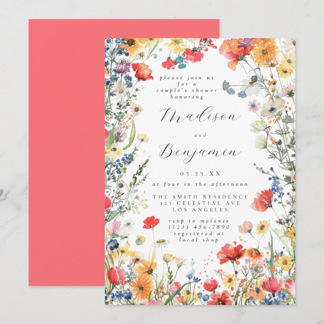 Invitación Ducha de pareja de flores silvestres en negrita (Anverso / Reverso)