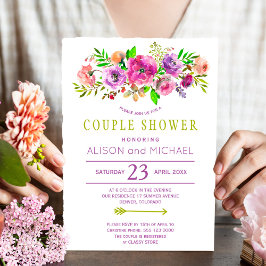 Invitación Ducha de pareja de flores verde púrpura bohemio