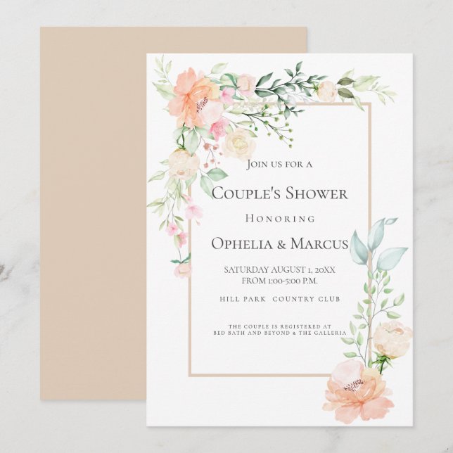 Invitación DUCHA DE PAREJA | Delicado Bouquet floral de prima (Anverso / Reverso)