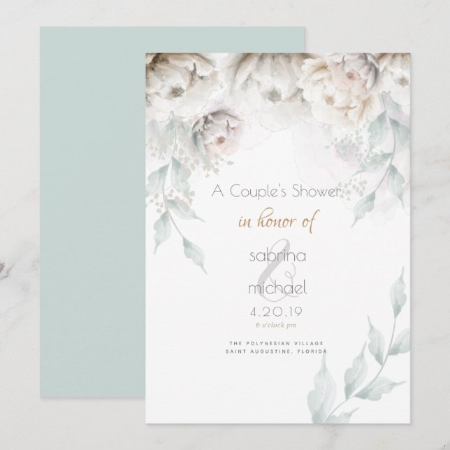 Invitación Ducha de pareja | Elegantes Peonías Blancas Alabas (Anverso / Reverso)