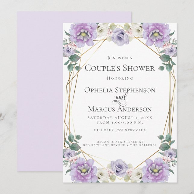 Invitación DUCHA DE PAREJA | Marco dorado de flores peony de  (Anverso / Reverso)