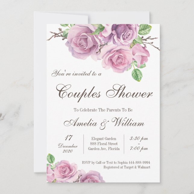 Invitación Ducha de pareja, parejas de flores moradas Baby Sh (Anverso)