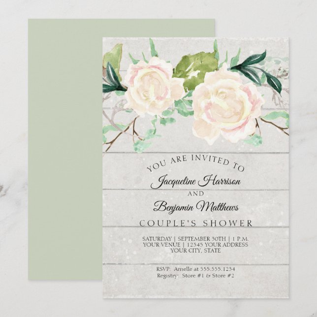 Invitación Ducha de Pareja Rosas Marfil Acuarela Madera Rústi (Anverso / Reverso)