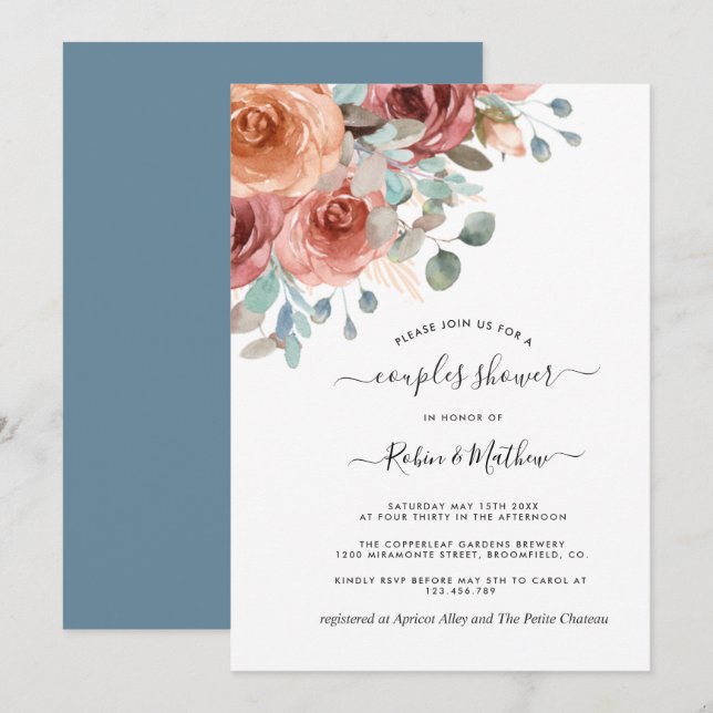 Invitación Ducha De Parejas, Azul Dusto, Floral Eterética De  (Anverso / Reverso)