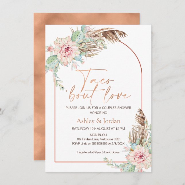Invitación Ducha de parejas bohemias Rose Gold Arch Taca sobr (Anverso / Reverso)