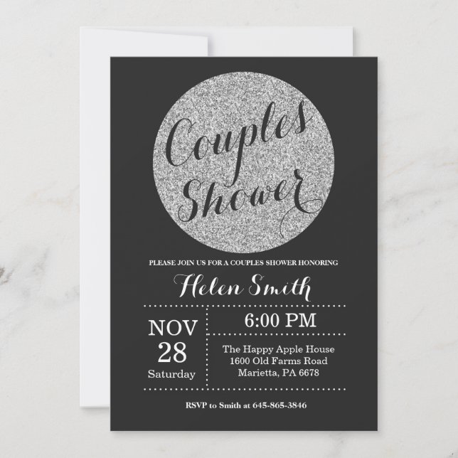 Invitación Ducha de Parejas Brillo Negro y Plateado (Anverso)