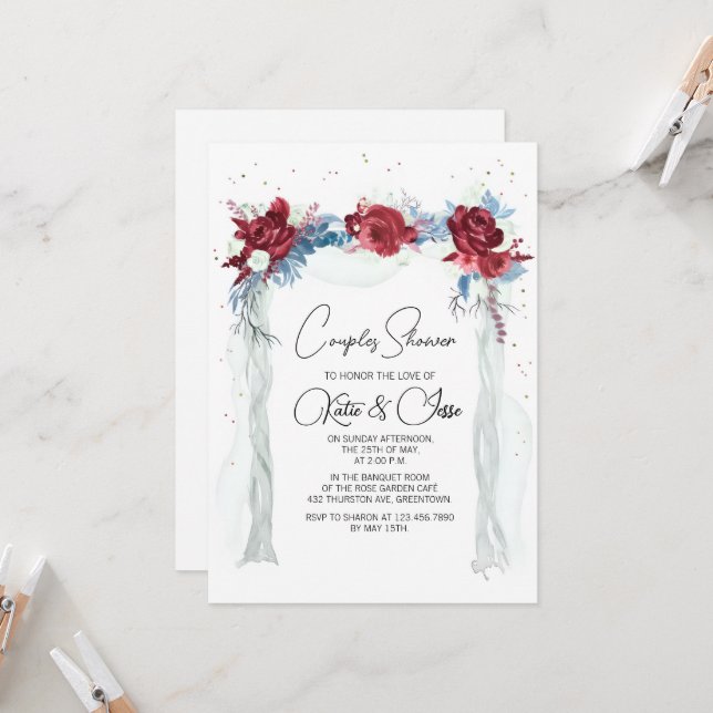 Invitación Ducha de parejas con arco floral de Borgoña temper (Anverso/Reverso In Situ)