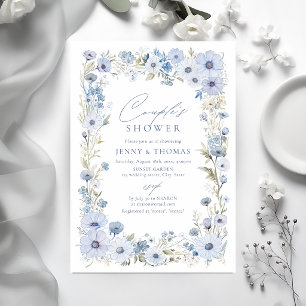 Invitación Ducha de parejas con borde de flor silvestre azul 