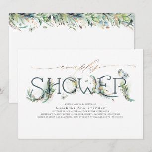 Invitación Ducha de parejas con caligrafía dorada y vegetació