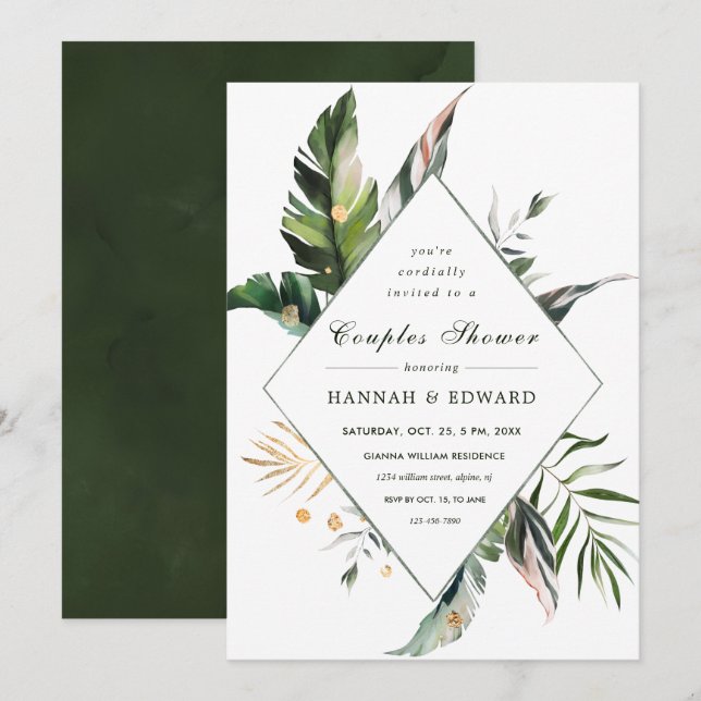 Invitación Ducha de parejas con follaje tropical verde (Anverso / Reverso)
