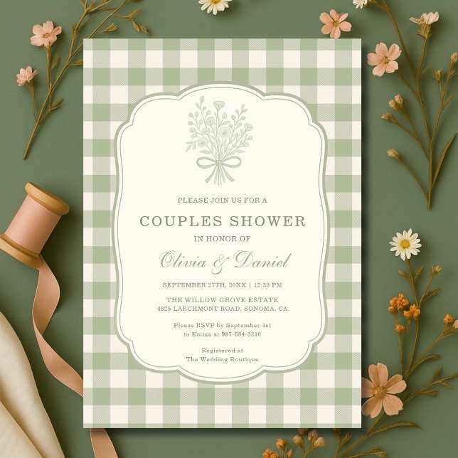 Invitación Ducha de parejas con lazo floral de gingham verde  (Subido por el creador)