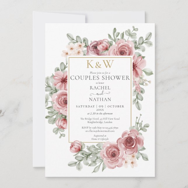Invitación Ducha de parejas con monograma dorado y flores ros (Anverso)