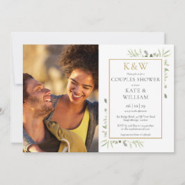 Invitación Ducha de parejas con monograma dorado y vegetación