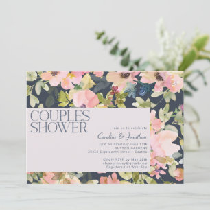 Invitación Ducha de parejas de acuarela floral azul marino mo