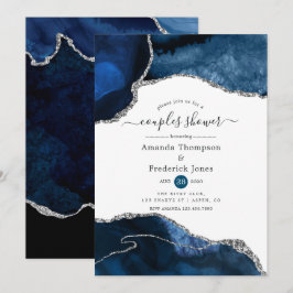 Invitación Ducha de parejas de ágata plateada y azul marino