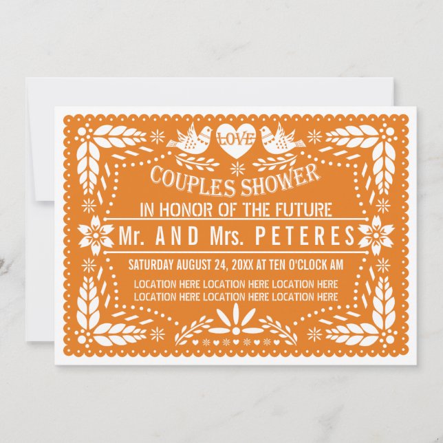 Invitación Ducha de parejas de boda de papel picado naranja (Anverso)