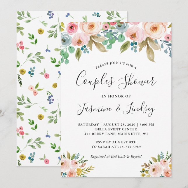 Invitación Ducha de parejas de boda floral sofisticada (Anverso / Reverso)