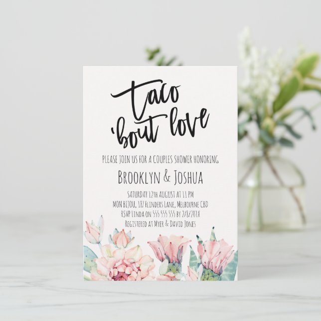 Invitación Ducha de parejas de cactus rosa moderno 'Taco 'bou (Anverso de pie)