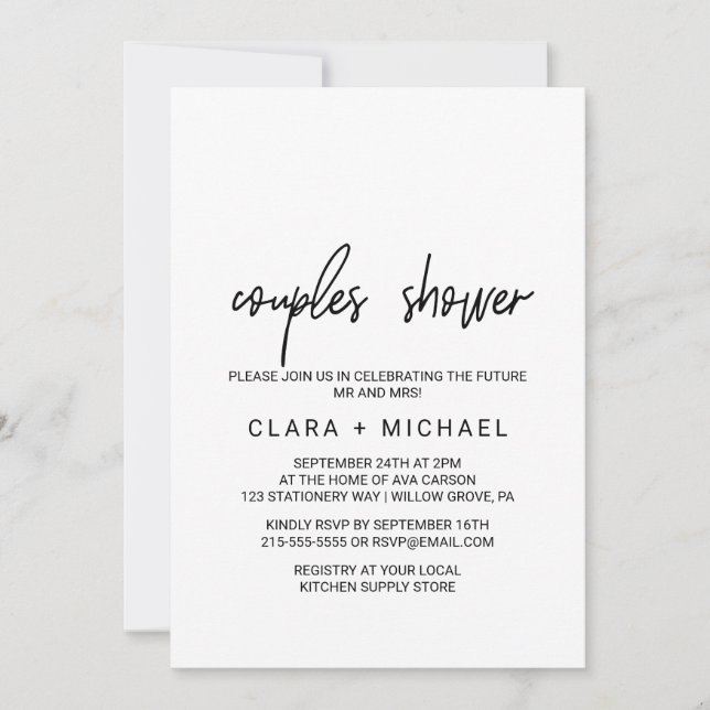 Invitación Ducha de parejas de caligrafía caprichosa (Anverso)