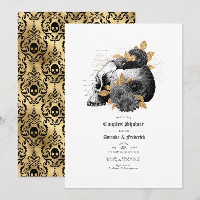 Invitación Ducha de parejas de cráneos y flores góticas vinta (Anverso / Reverso)