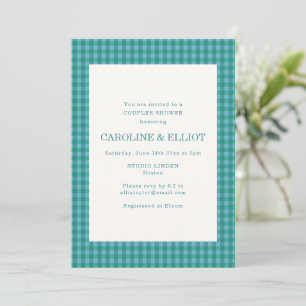 Invitación Ducha de parejas de cuadros gingham verde teal mod