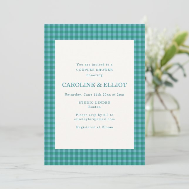 Invitación Ducha de parejas de cuadros gingham verde teal mod (Anverso de pie)