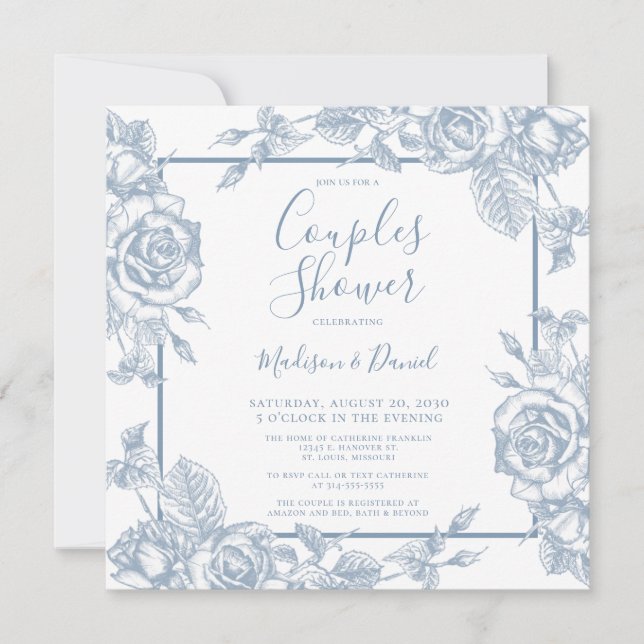 Invitación Ducha de parejas de flores azules polvorientas (Anverso)