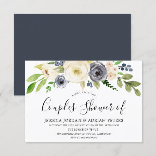 Invitación Ducha de parejas de flores de acuarela azul marino